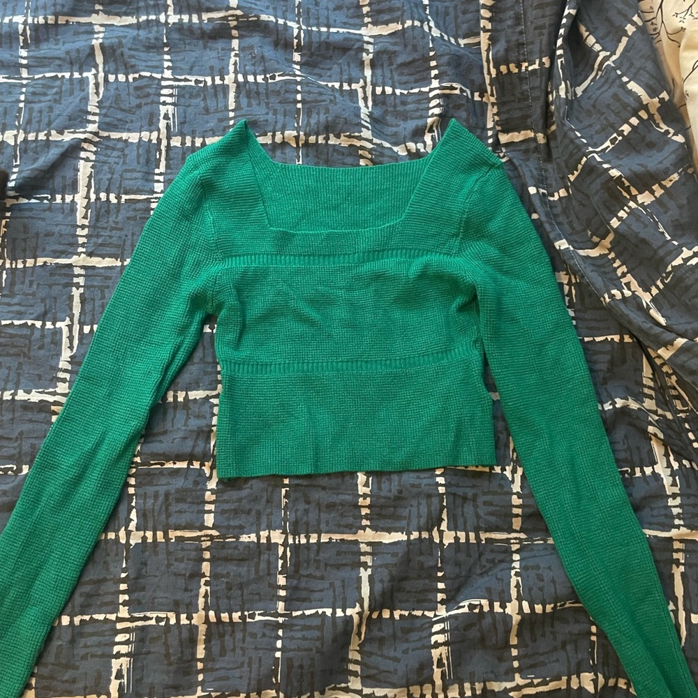 Green Long Sleeve Knit Square-Neck Top